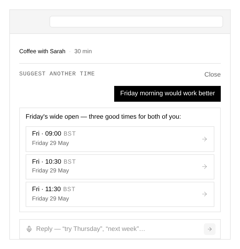 Recipient negotiates a new time in chat — AI proposes fresh slots inline